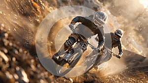 Two mountain bikers in full gear are rushing down the mountain trail. Two people are riding bicycles on a dirty, dusty trail photo