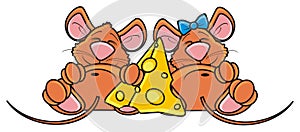 Two mouse sleeping near a piece of cheese