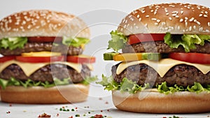 Two mouth-watering burgers, cheeseburgers, delicious food, fast food