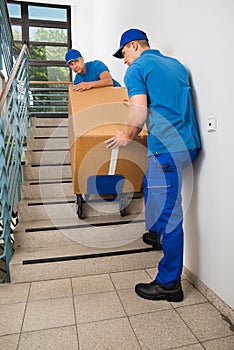 Two Movers With Box On Staircase