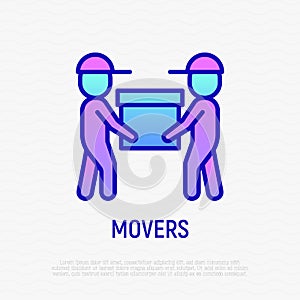 Two movers are holding the box. Thin line icon. Modern vector illustration of delivery service, moving service