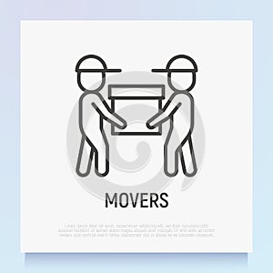 Two movers are holding the box. Thin line icon. Modern vector illustration of delivery service, moving service