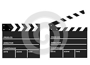 Two movie clappers open and close isolated on white background.