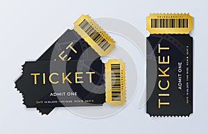 Two movie tickets. Realistic cinema theater admission pass template. Vector festival black and gold ticket