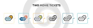 Two movie tickets vector icon in 6 different modern styles. Black, two colored two movie tickets icons designed in filled, outline