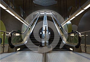 Two moving underground escalator in the subway
