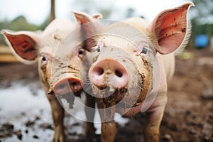 two muddy pigs touching snouts