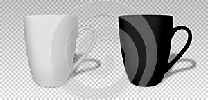 Two mug. Cup white and black isolated on transparent background. Mockup side view. Blank mug. 3d object with shadow. Cup front. Mo