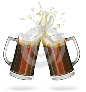 Two mugs with ale, dark beer. Mug with beer. Vector