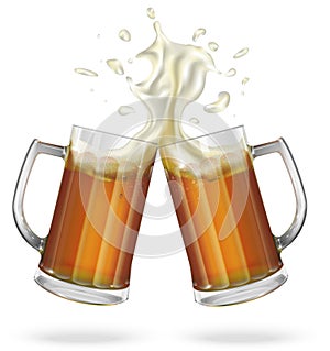 Two mugs with ale, light or dark beer. Mug with beer.