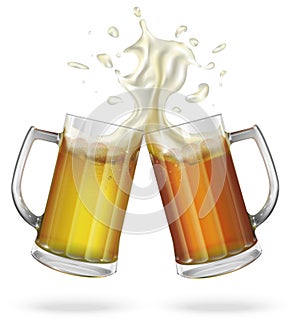Two mugs with ale, light or dark beer. Mug with beer.
