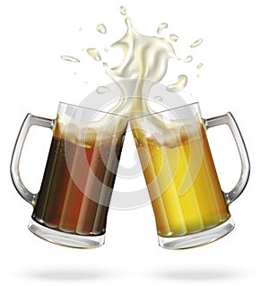 Two mugs with ale, light or dark beer. Mug with beer. Vector