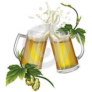 Two mugs with beer and hops