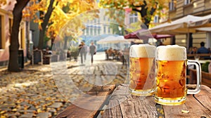 Two mugs of beer resting on a wooden table against a scenic autumn backdrop, Ai Generated