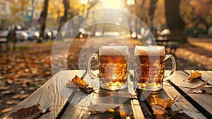 Two mugs of beer resting on a wooden table against a scenic autumn backdrop, Ai Generated
