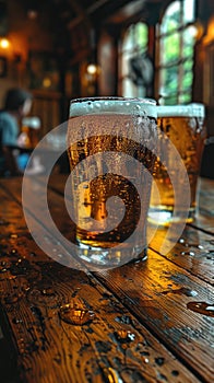 two mugs of beer are sitting on a wooden table