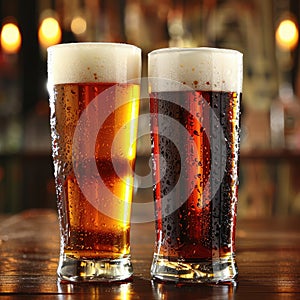 two mugs of beer are sitting on a wooden table