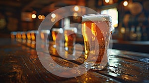 two mugs of beer are sitting on a wooden table