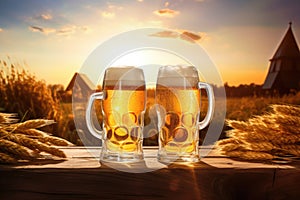 Two mugs of beer on wooden table with autumn background. Generative AI