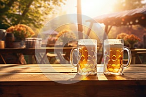 Two mugs of beer on wooden table with street cafe background. Generative AI