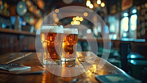 Two mugs with cold fresh golden beer on wooden table on blurred background with lights. Oktoberfest and St. Patrick\'s day