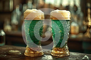 Two mugs with cold fresh golden beer on wooden table on blurred background with lights. Oktoberfest and St. Patrick\'s day