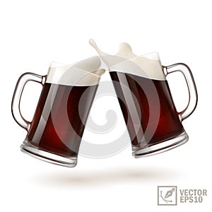 two mugs of dark beer toasting creating splash, 3D realistic glasses with handle