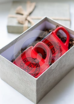 Two mugs in a gift box. Coffee buddies