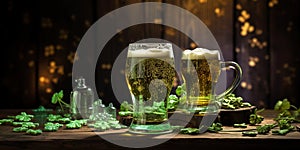 Two mugs of green beer in a bar. St. Patrick\'s Day is known as a day of celebration, ai generated