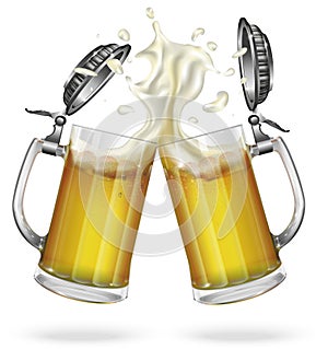 Two mugs with a light beer. Mug with beer. Vector