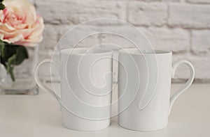 Two Mugs. White Mugs Mockup. Blank White Coffee Mug Mock up. Styled Photography. Coffee Cup Product Display