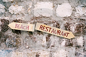 Two multidirectional signs with inscriptions hang on a stone wall