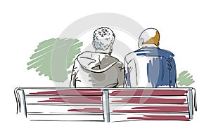 Two multiethnic men sit on bench view from back vector drawing, Male couple different race sitting together
