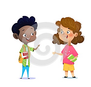 Two multiracial children studying, reading books and discuss