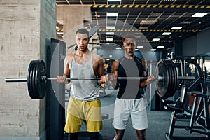 Two muscular men poses with heavy barbell in gym