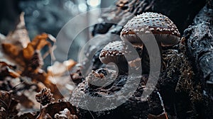 Two mushrooms growing on a tree stump in a forest setting