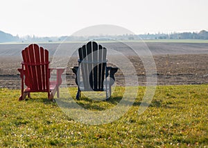 Two muskoka chairs over looking the farm land