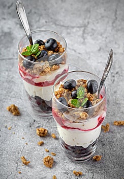 Two musli glasses with blueberry and granola