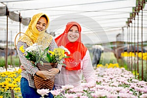Two Muslim worker girls are standing and smiling among pink and yellow flowers in the garden during day time. One wear yellow