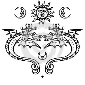 Two mystical winged snakes. Alchemical symbols. Religion, mysticism, occultism, sorcery.