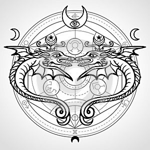 Two mystical winged snakes. A background - the Alchemical circle. Religion, mysticism, occultism, sorcery.