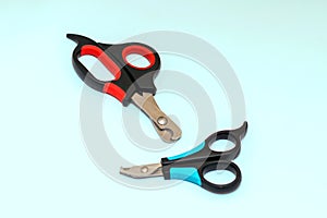 Two nail clippers for cats and dogs on a blue background.