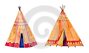 Two Native American tipis. Stylized hand drawn watercolor illustration set photo