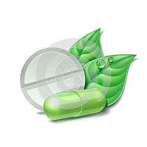 Two natural medical pills with green leaves. Pharmaceutical vector symbol with leaf for pharmastore