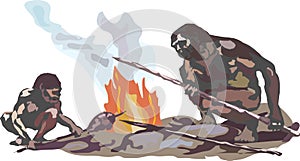 Two Neanderthals. 2 aborigines. Two cavemen are sitting on stones by the smoking fire holding spears in their hands.