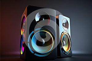 Two neon colored stereo speakers on dark background with reflection.Sound audio loud speakers, Generative ai illustration