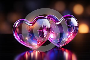 Two neon hearts pulsate with vibrant light, symbolizing an electric bond photo
