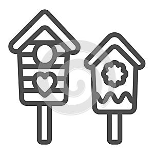 Two nesting boxes, bird houses with cute deco line icon, gardening concept, birdhouse vector sign on white background