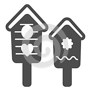 Two nesting boxes, bird houses with cute deco solid icon, gardening concept, birdhouse vector sign on white background