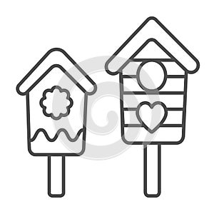 Two nesting boxes, bird houses with cute deco thin line icon, gardening concept, birdhouse vector sign on white